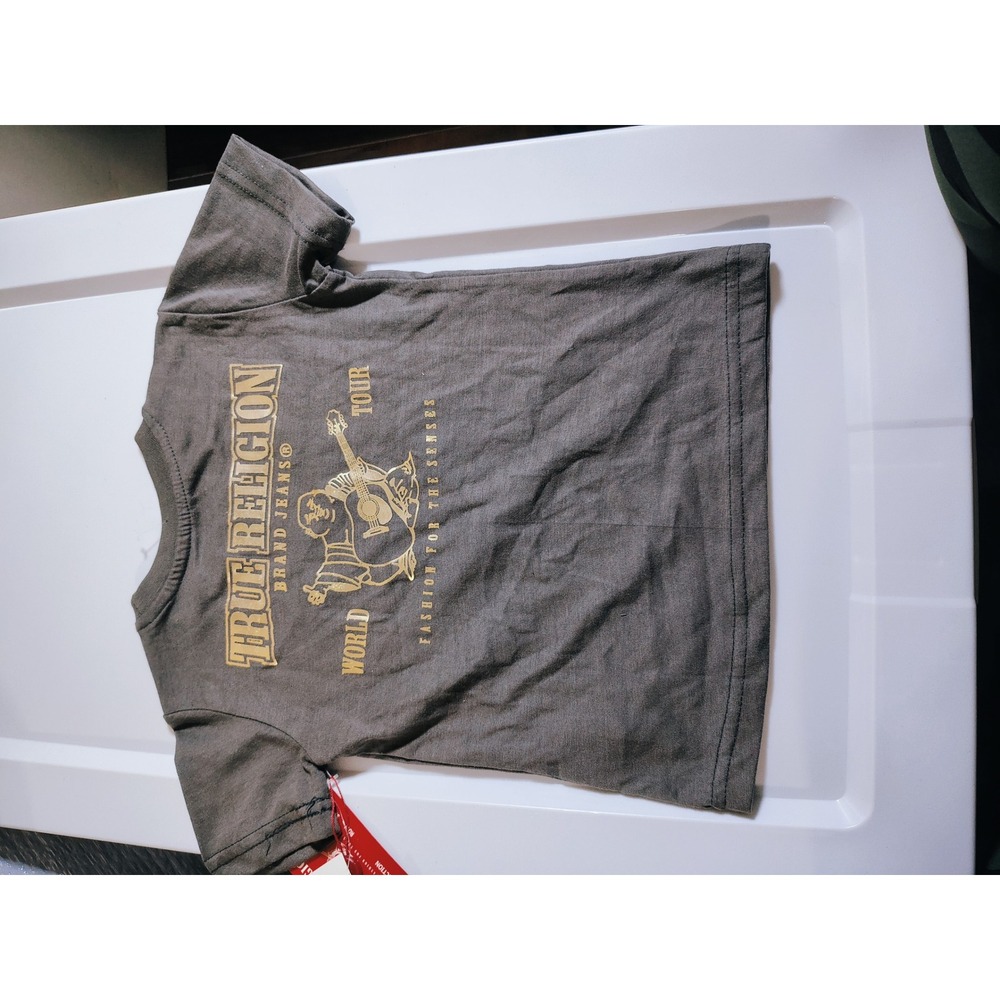 True Religion Kids Gold Buddha Logo Tee Charcoal Gray TR731TE01 Size 4 NWT - Picture 2 of 5